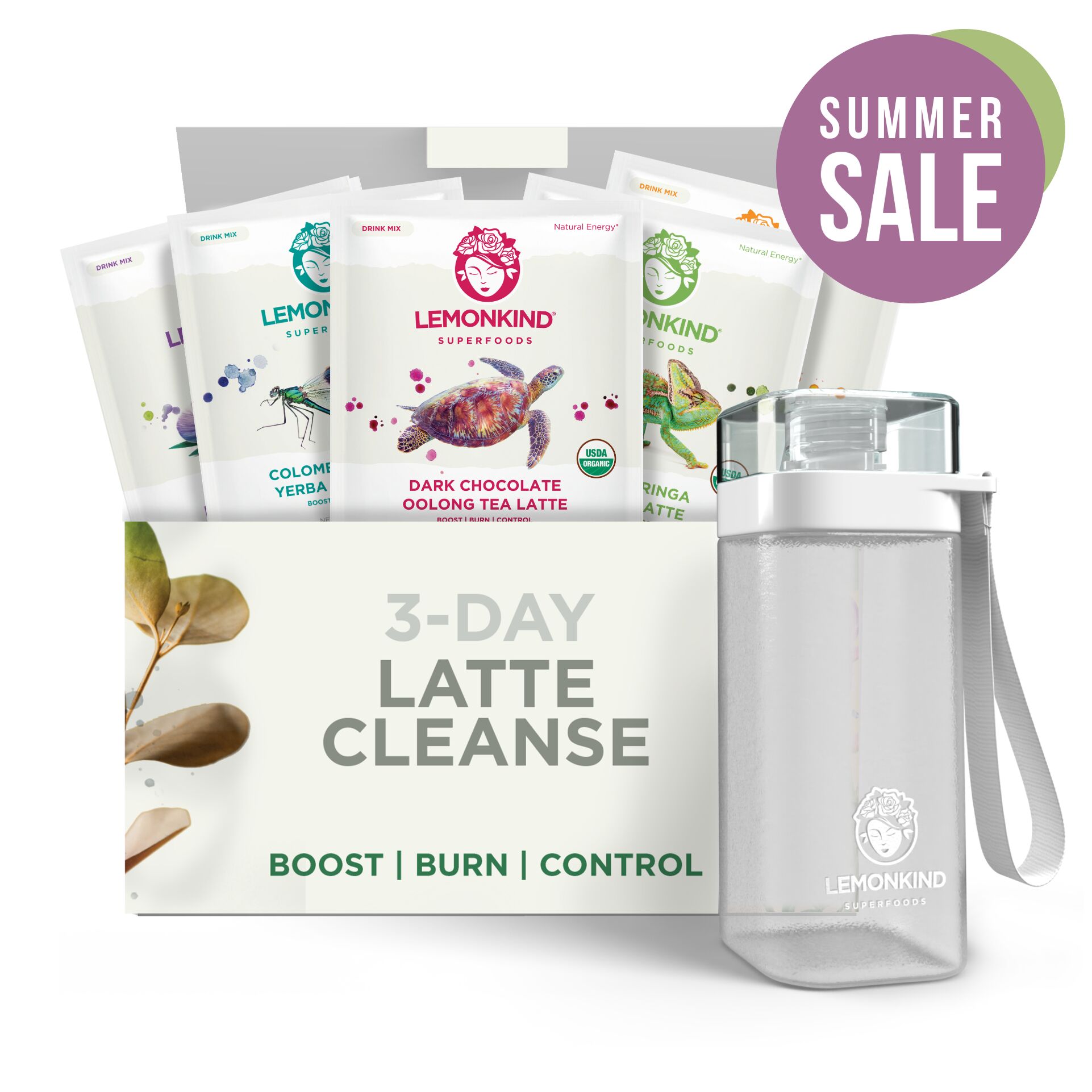 3 Day FAT-BURN Cleanse - 5 Superblend Latte Flavors with Rice Milk & Pea Protein (15 Pack+Bottle)