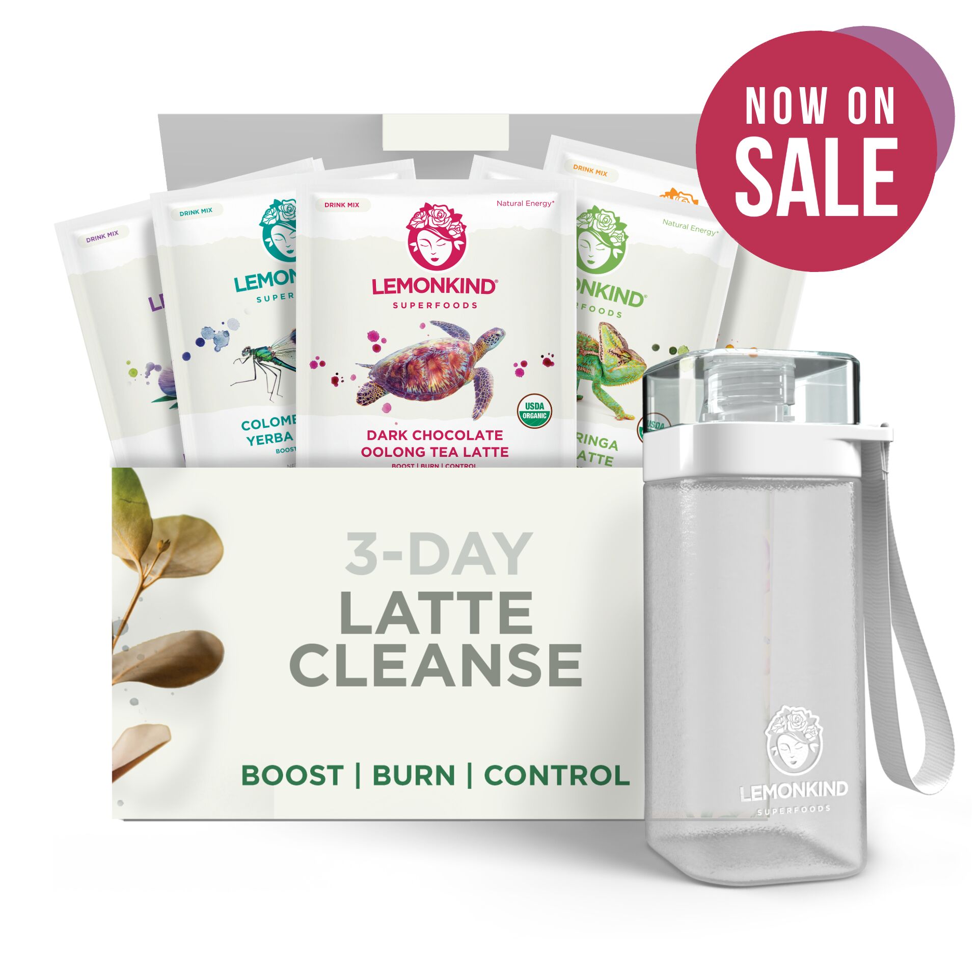 3 Day FAT-BURN Cleanse - 5 Superblend Latte Flavors with Rice Milk & Pea Protein (15 Pack+Bottle)